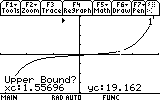 Graphing calculator screen showing the “Upper Bound?” prompt for finding a zero; cursor is positioned at approximately x = 1.55696, y = 19.162.